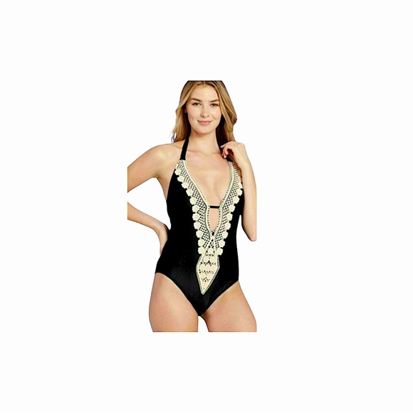 Kona Sol Women's Crochet Trim Plunge One Piece Swimsuit Size M - Picture 1 of 5